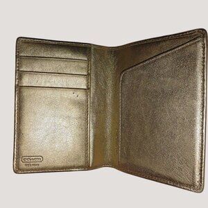Coach Gold Beigh Signature Canvas Logo Passport Leather Bi Fold Wallet Travel